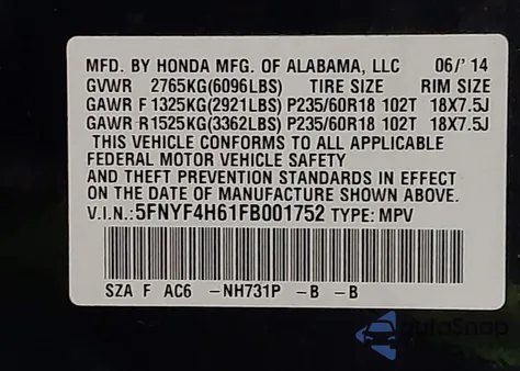 2015 Honda Pilot Ex-L z USA, uszkodzony, nr VIN 5FNYF4H61FB001752